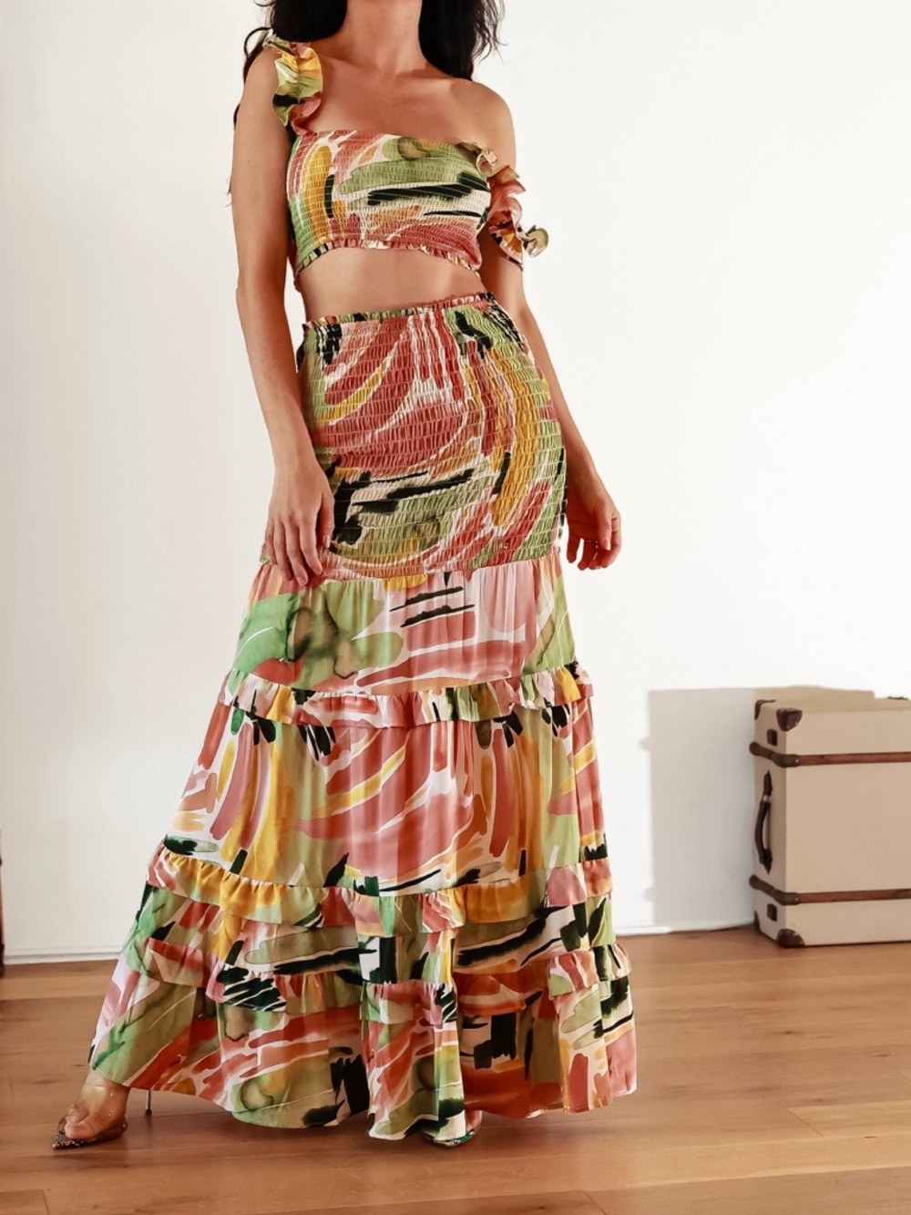 Watercolor Brush Stroke Multicolor Tropical Smocked Ruffle Tiered Maxi Skirt Set - Picture 3 of 14